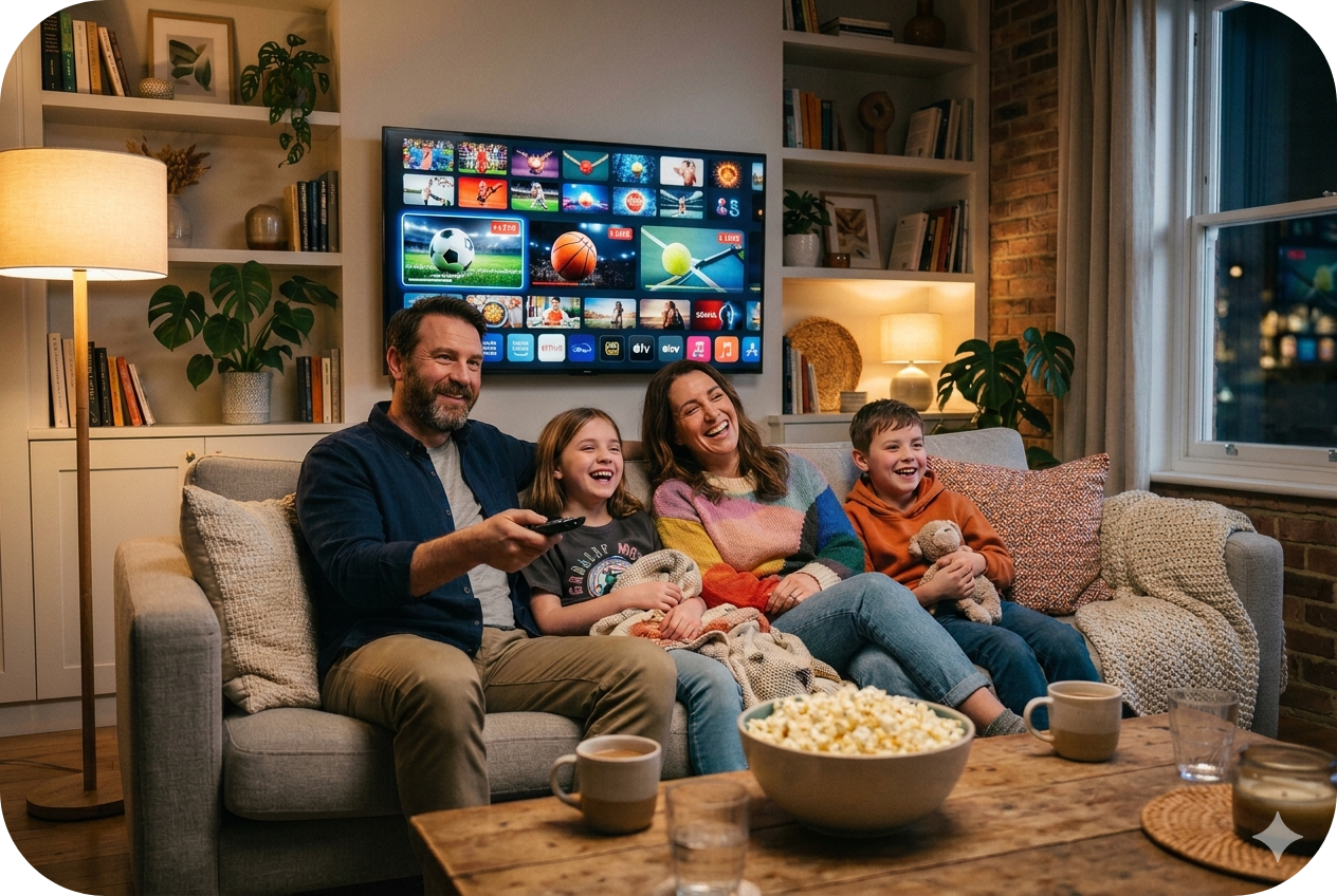 Monster IPTV interface showing 28,000+ HD and 4K channels streaming on multiple devices including smart TV, smartphone, tablet, and laptop